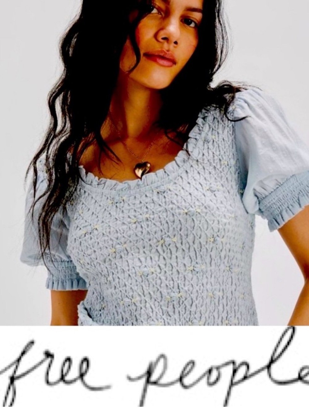 Free People Light Blue Smocked Floral-Accent Women's Top XS